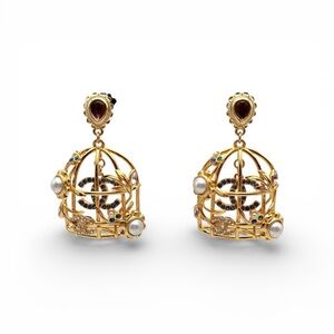 Chanel CC Birdcage Crystal & Pearl Gold Tone Drop Earrings